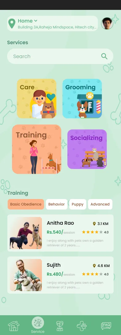 Training service listing with filter chips and provider cards showing price, distance, and rating