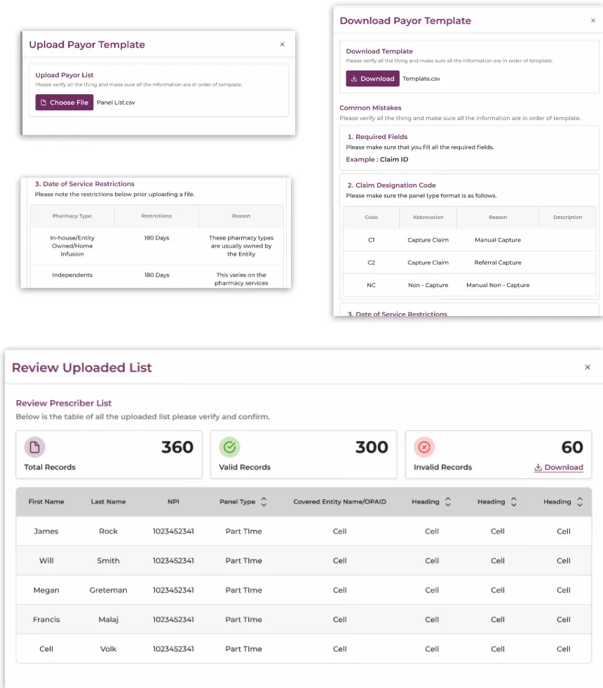 Bulk payor upload wizard: download template, upload CSV, and a review screen validating 360 records