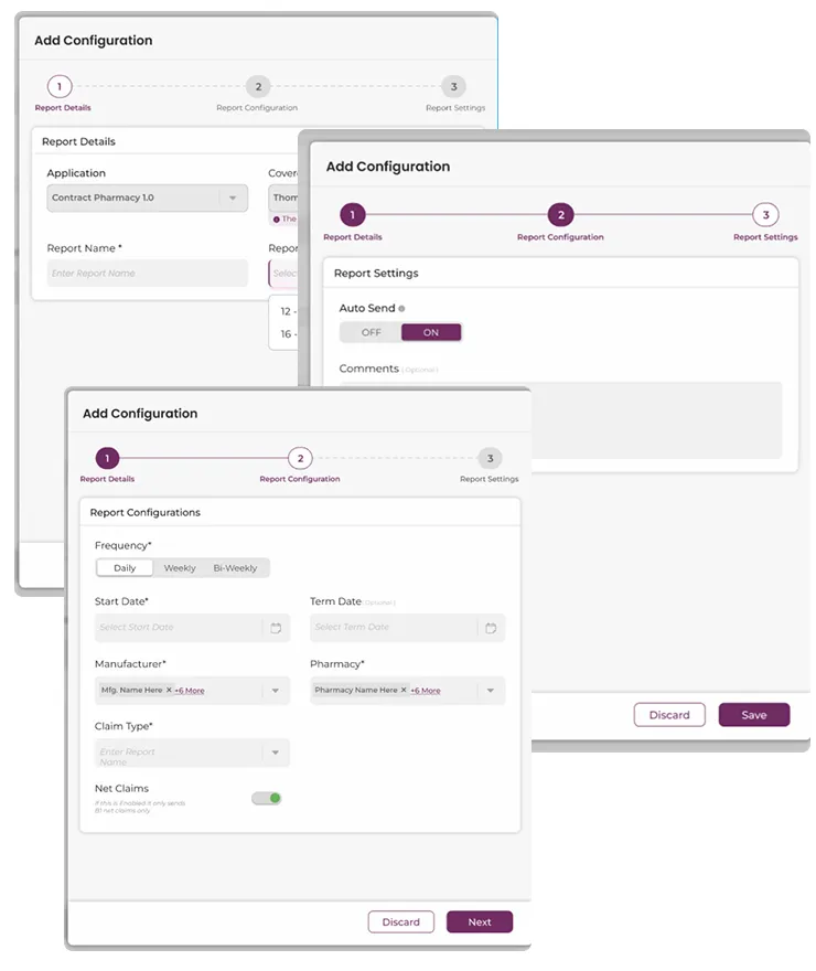 Progressive-disclosure Add Configuration flow: three-step wizard from report details to configuration to settings