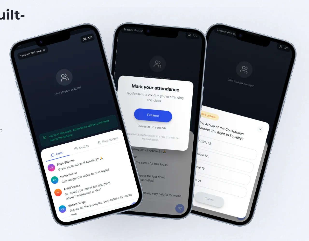 Three phones showing a live class: video with chat and doubts, a timed mark-your-attendance prompt, and a mid-class quick question