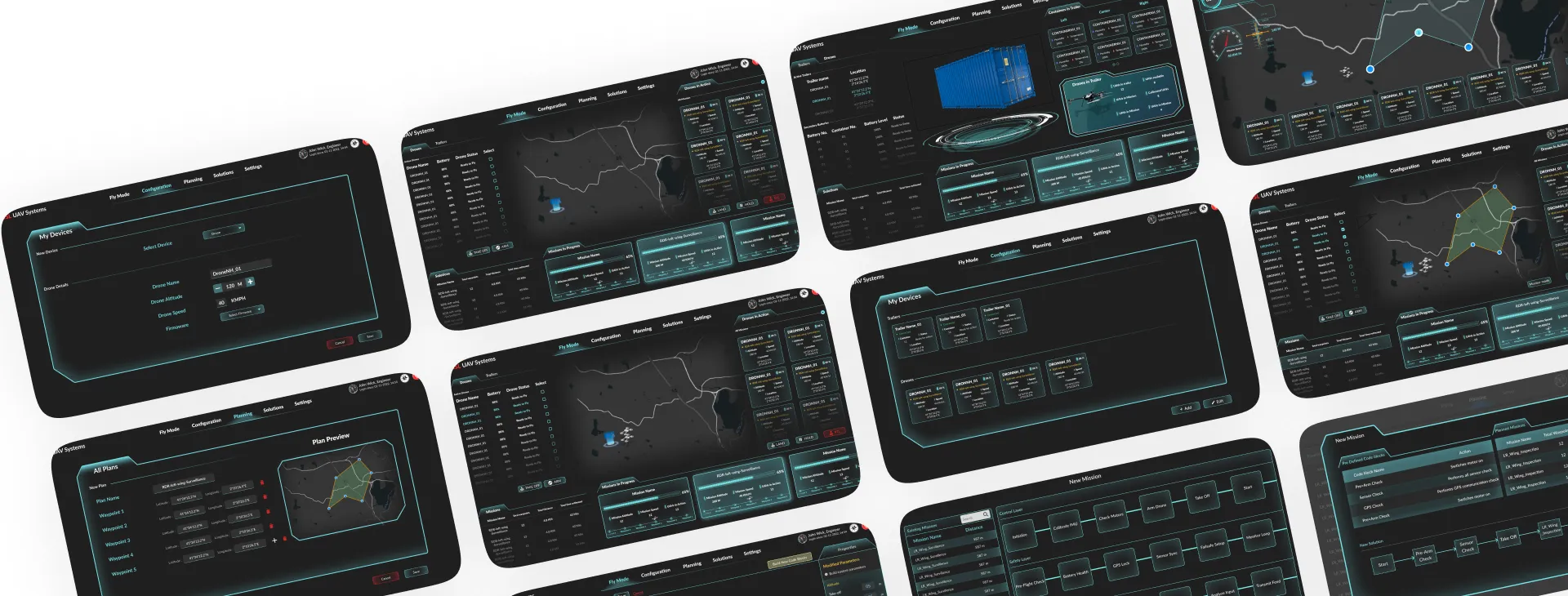 Swarm UX ground control station with dark mission control screens for autonomous drone swarms